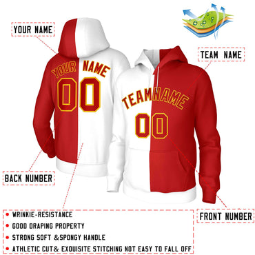 Custom White Red Red-Gold Split Fashion Stitched Sportwear Pullover Hoodie
