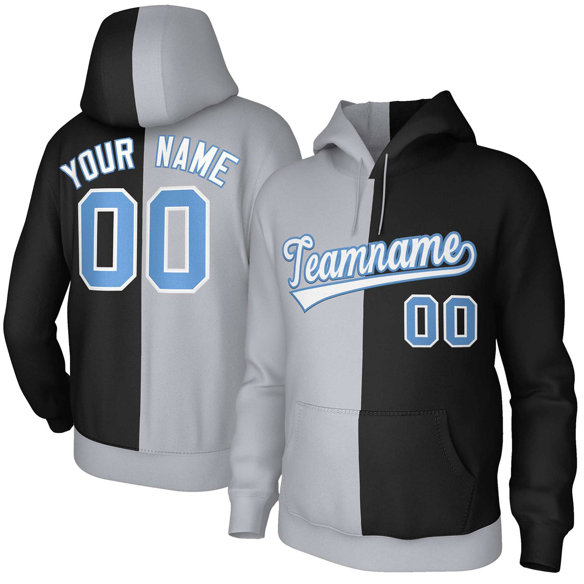 Custom Gray Black White-Light Blue Split Fashion Stitched Sportwear Pullover Hoodie