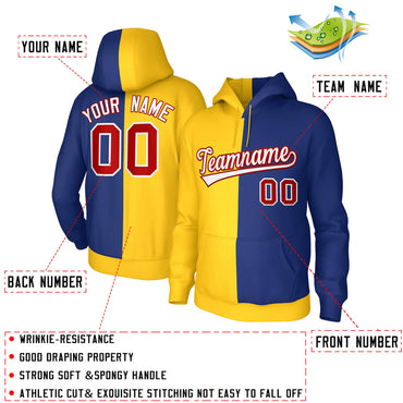 Custom Gold Royal White-Red Split Fashion Stitched Sportwear Pullover Hoodie
