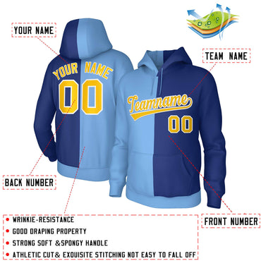 Custom Light Blue Royal Gold-White Split Fashion Stitched Sportwear Pullover Hoodie