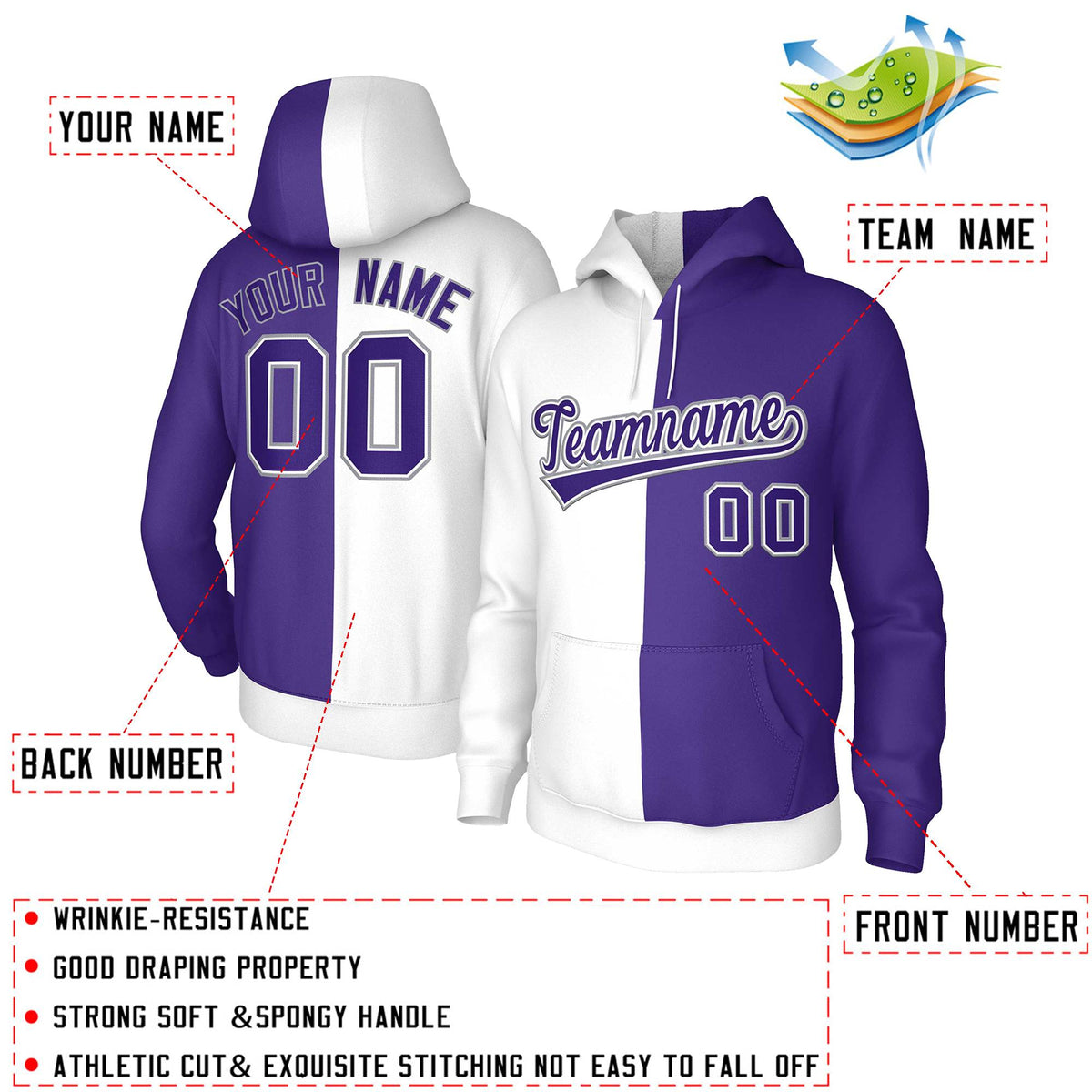 Custom White Purple Purple-White Split Fashion Stitched Sportwear Pullover Hoodie