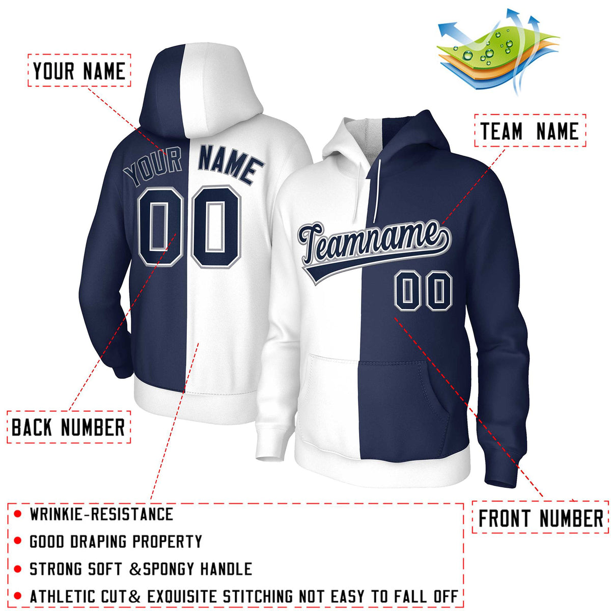 Custom White Navy Navy-White Split Fashion Stitched Sportwear Pullover Hoodie