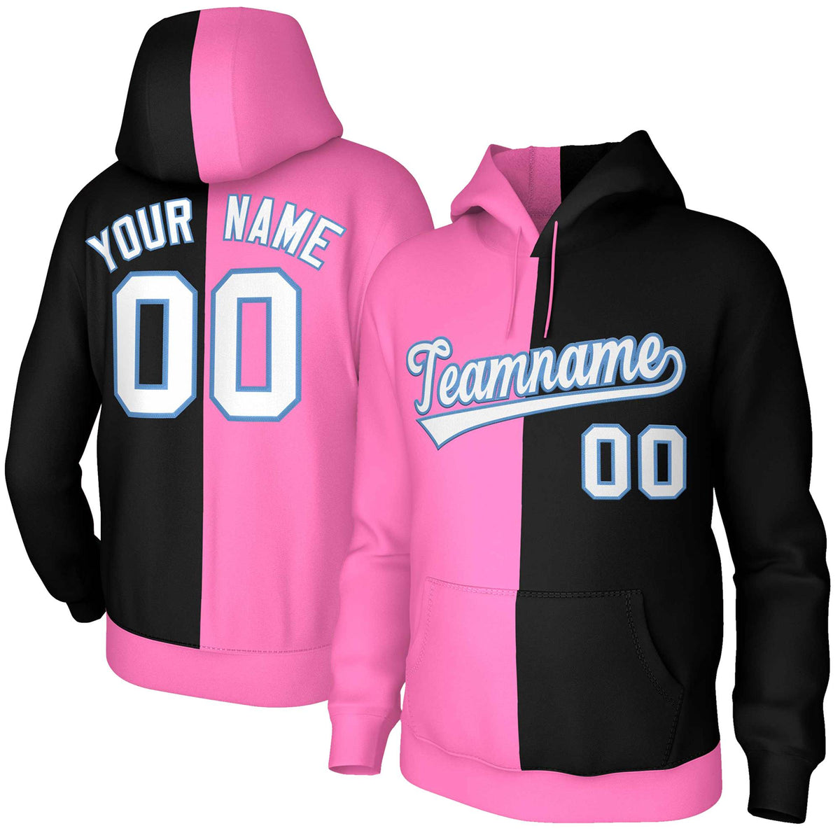 Custom Pink Black White-Light Blue Split Fashion Stitched Sportwear Pullover Hoodie