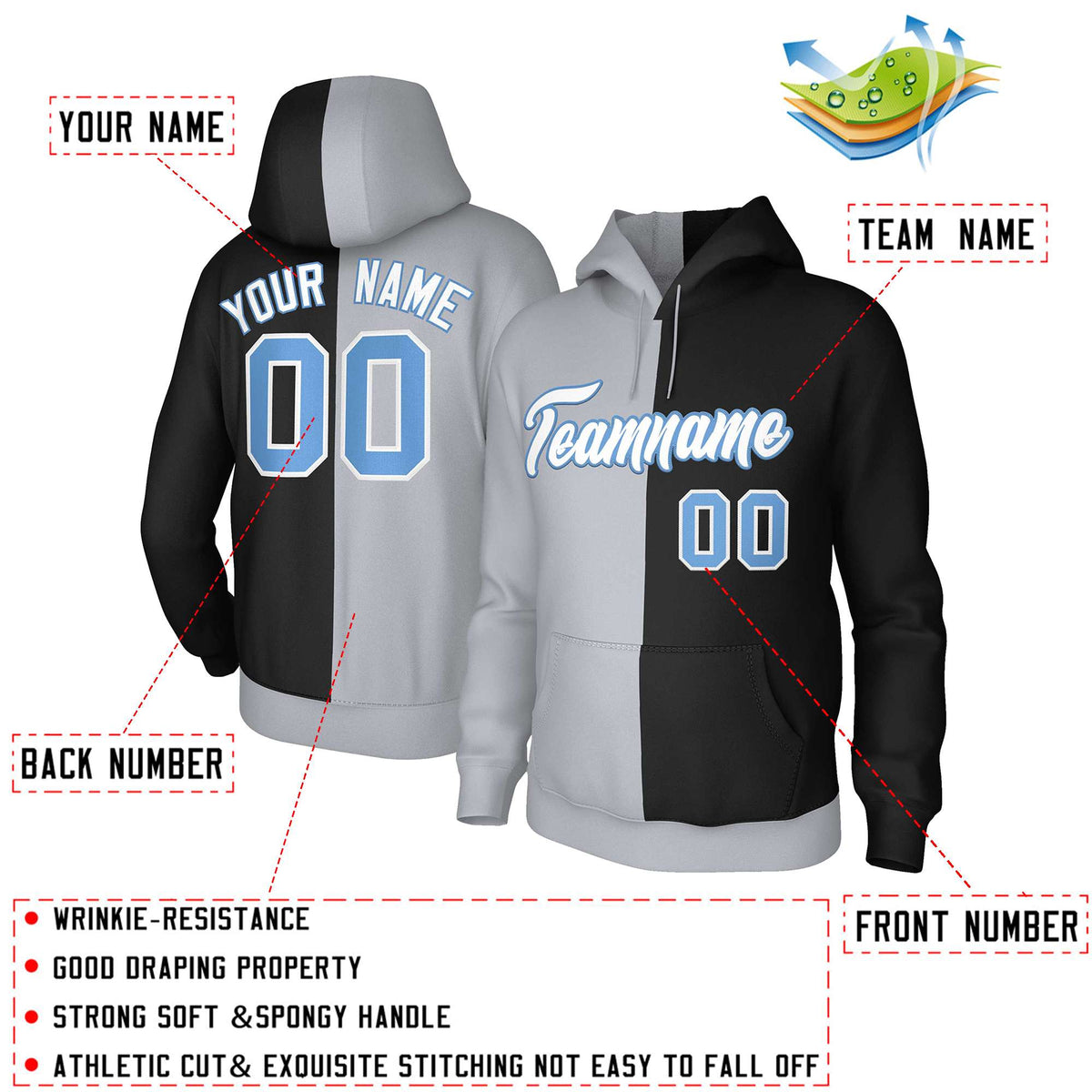 Custom Gray Black White-Light Blue Split Fashion Stitched Sportwear Pullover Hoodie
