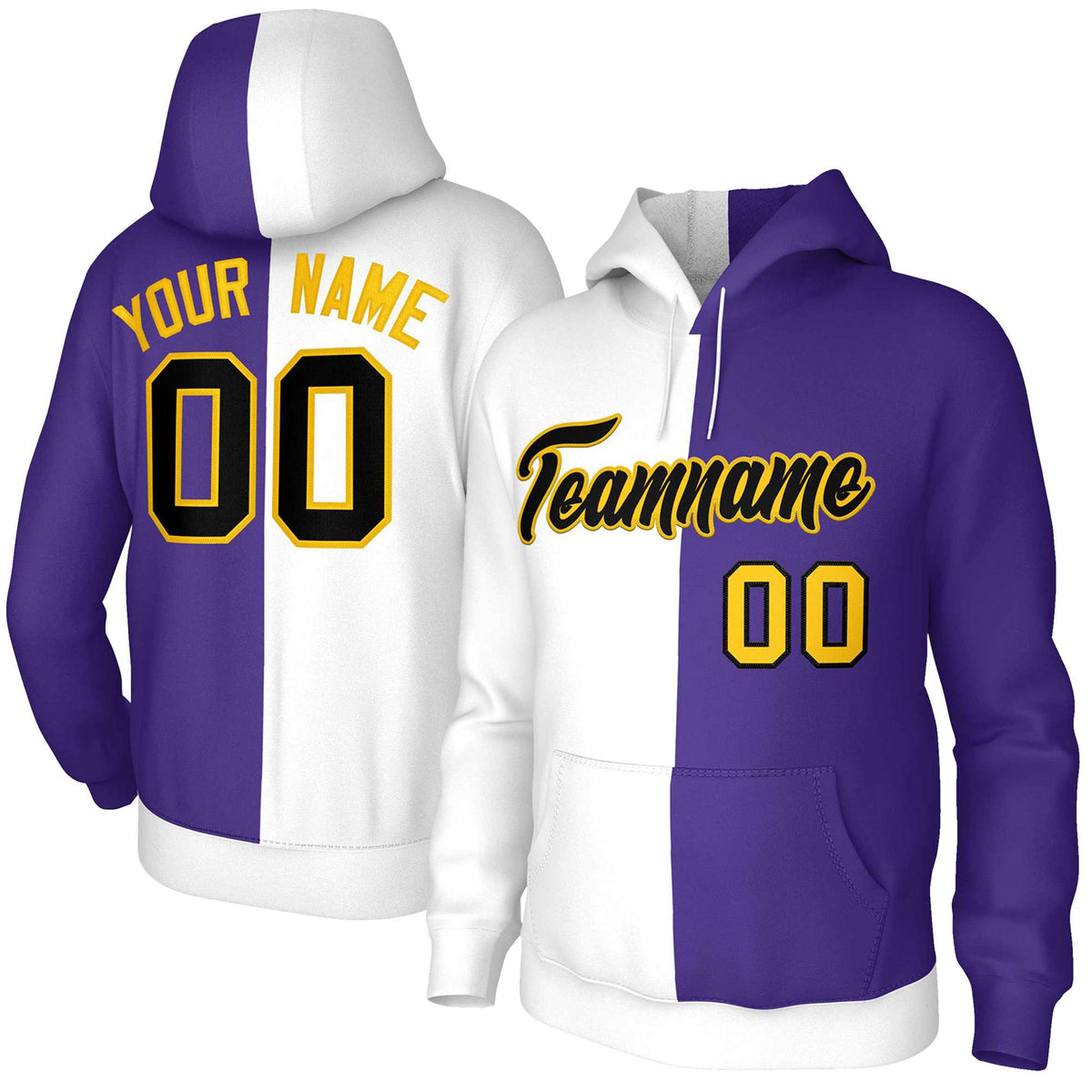 Custom White Purple Black-Gold Split Fashion Stitched Sportwear Pullover Hoodie