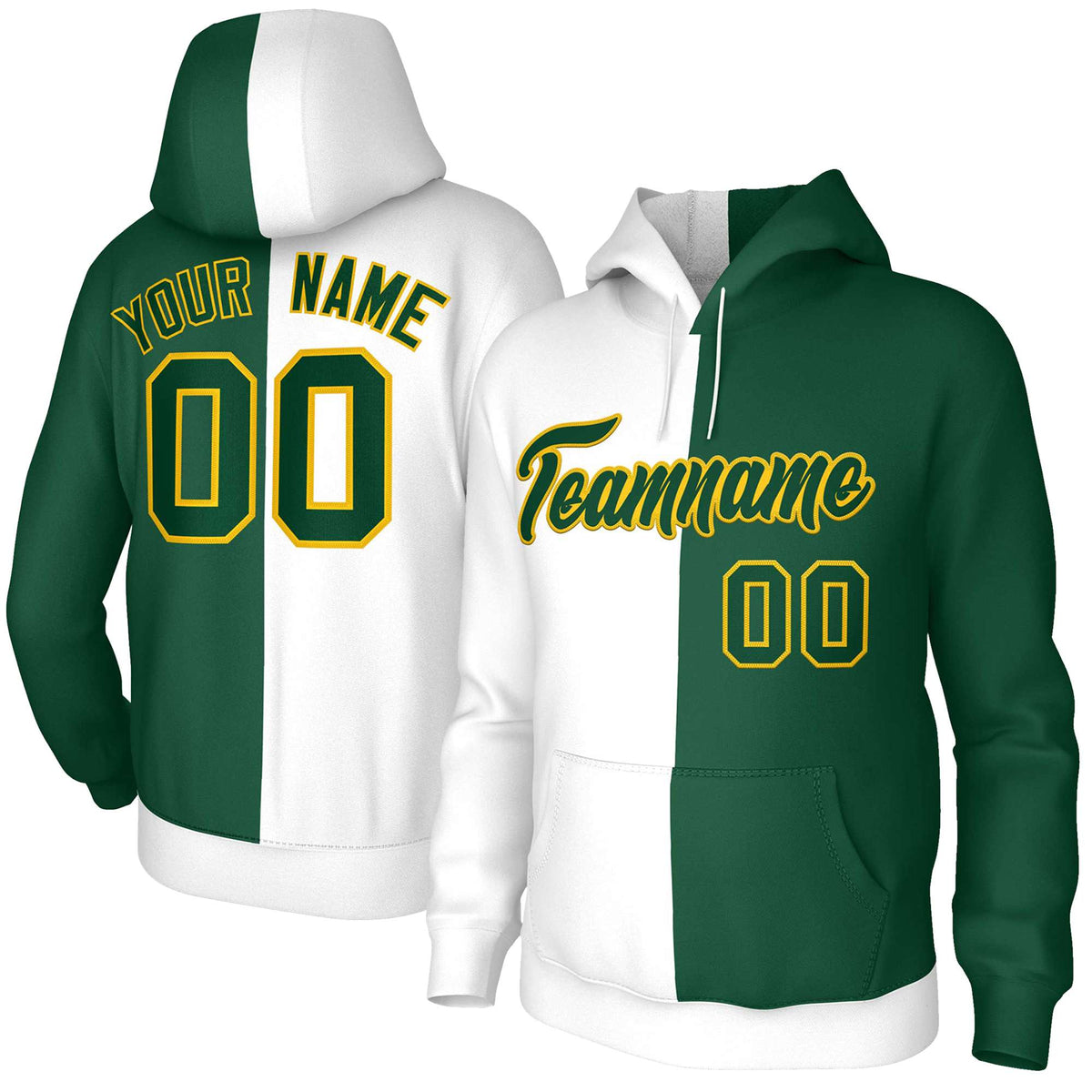 Custom White Green-Gold Split Fashion Stitched Sportwear Pullover Hoodie