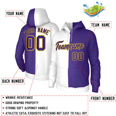 Custom White Purple-Gold Split Fashion Stitched Sportwear Pullover Hoodie
