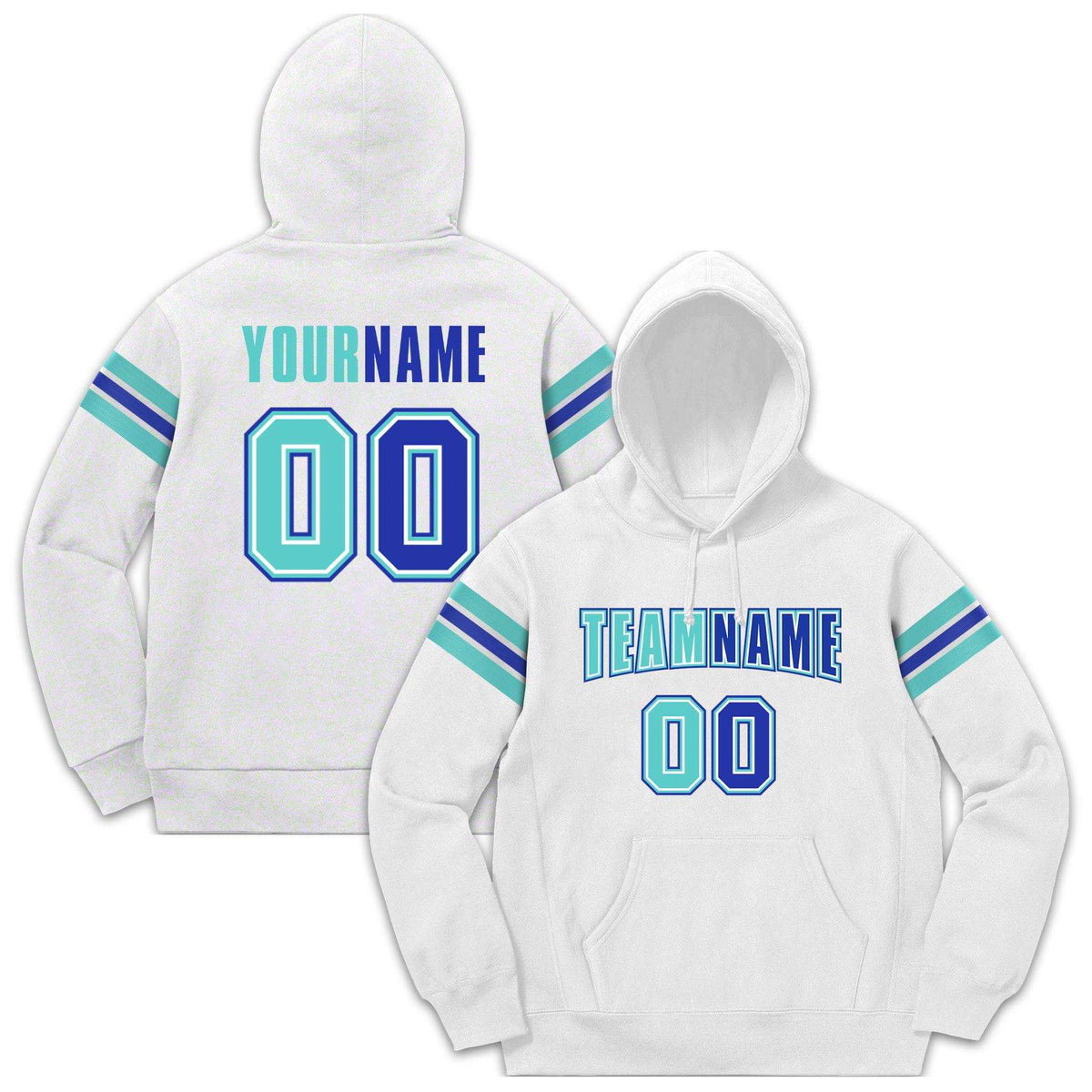 Custom Stitched White Aqua-Royal Cotton Pullover Sweatshirt Hoodie