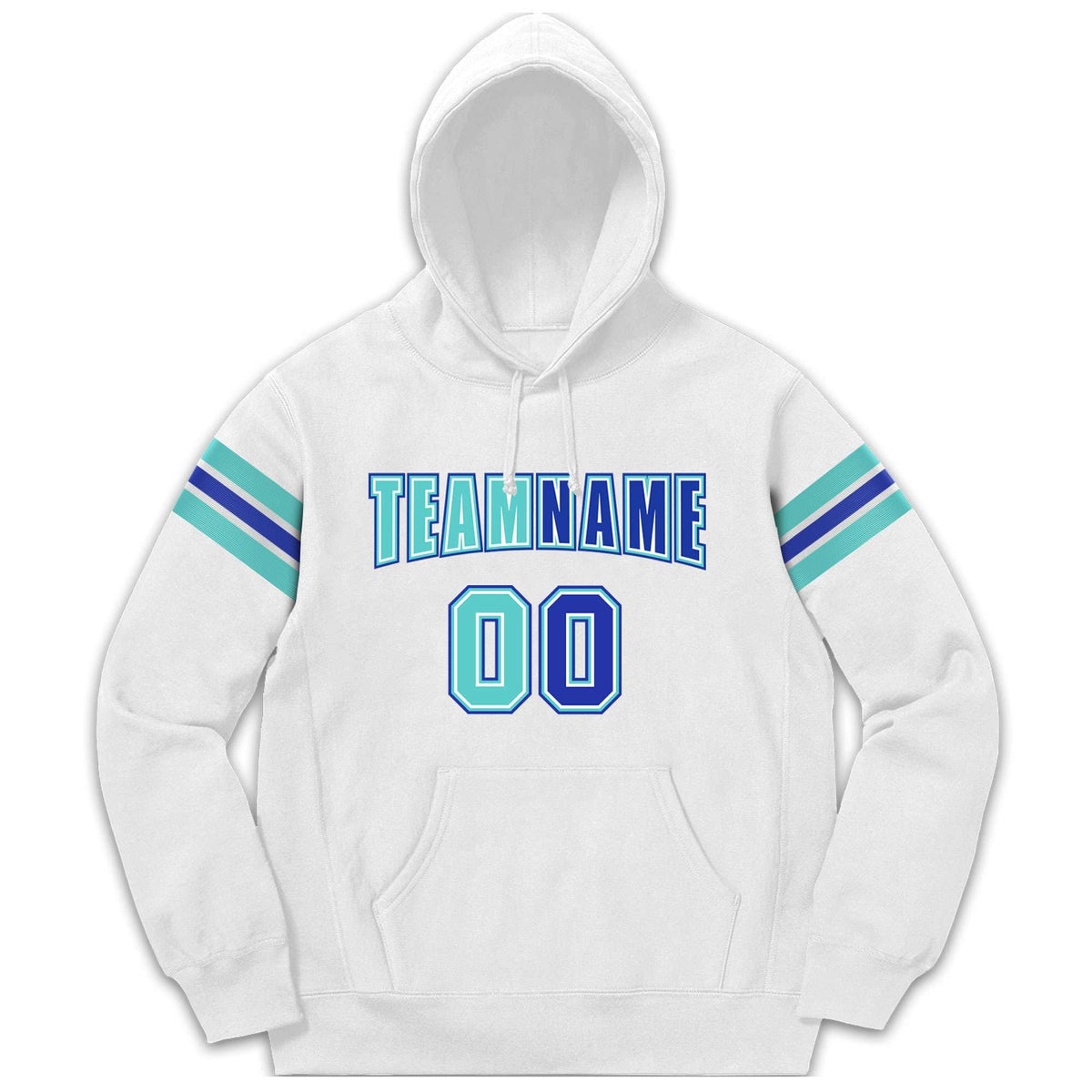 Custom Stitched White Aqua-Royal Cotton Pullover Sweatshirt Hoodie