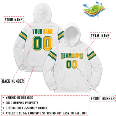 Custom Stitched White Kelly Green-Yellow Cotton Pullover Sweatshirt Hoodie