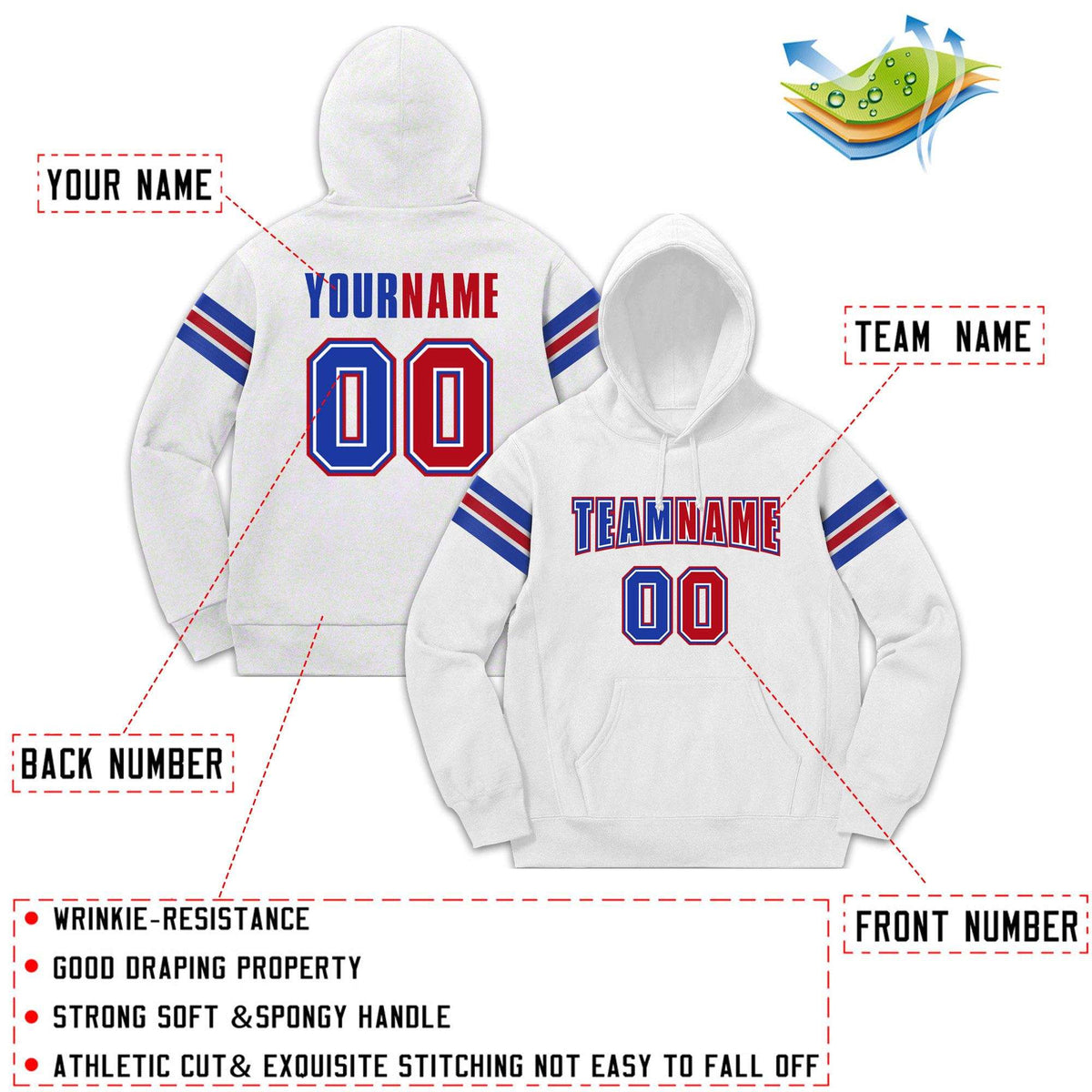 Custom Stitched White Royal-Red Cotton Pullover Sweatshirt Hoodie