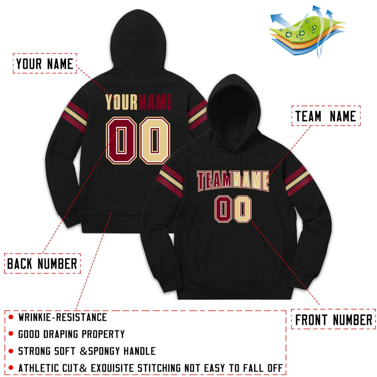 Custom Stitched Black Crimson-Cream Cotton Pullover Sweatshirt Hoodie