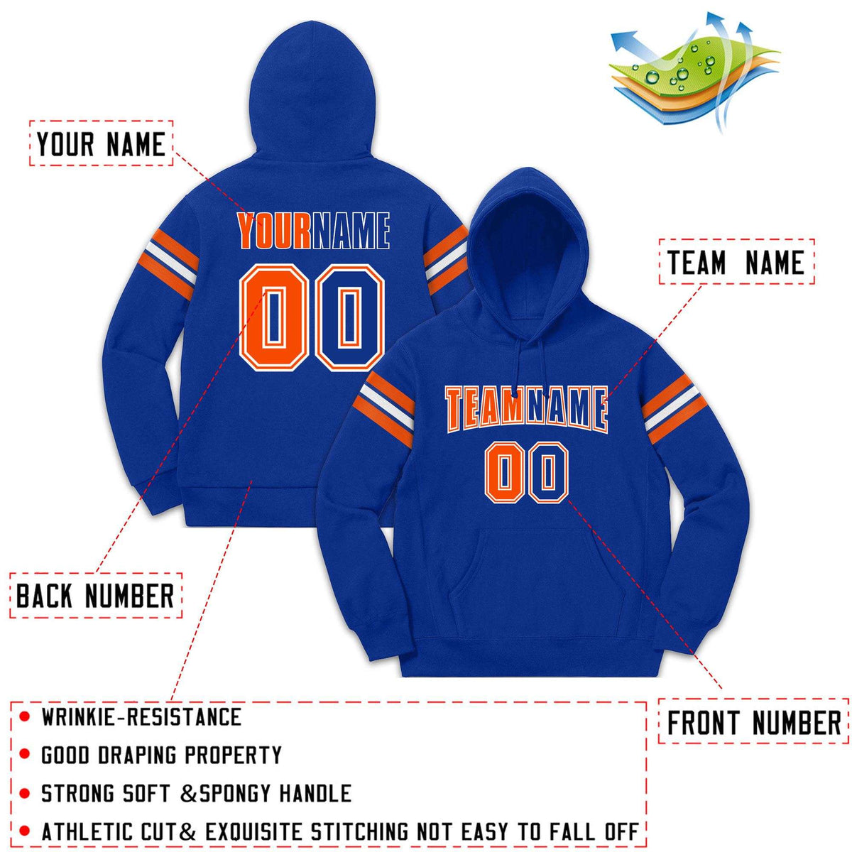 Custom Stitched Royal Orange-White Cotton Pullover Sweatshirt Hoodie