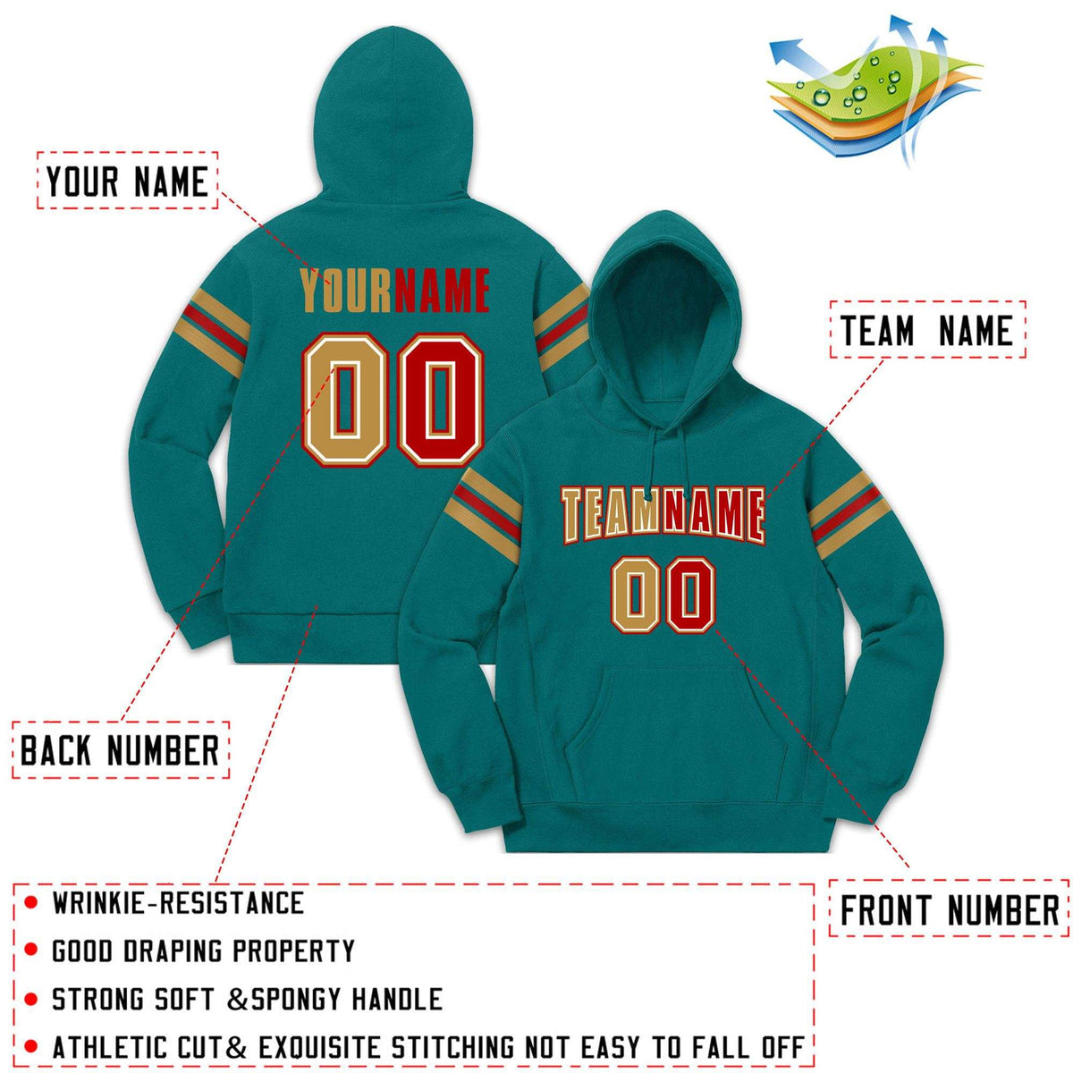 Custom Stitched Aqua Old Gold-Red Cotton Pullover Sweatshirt Hoodie