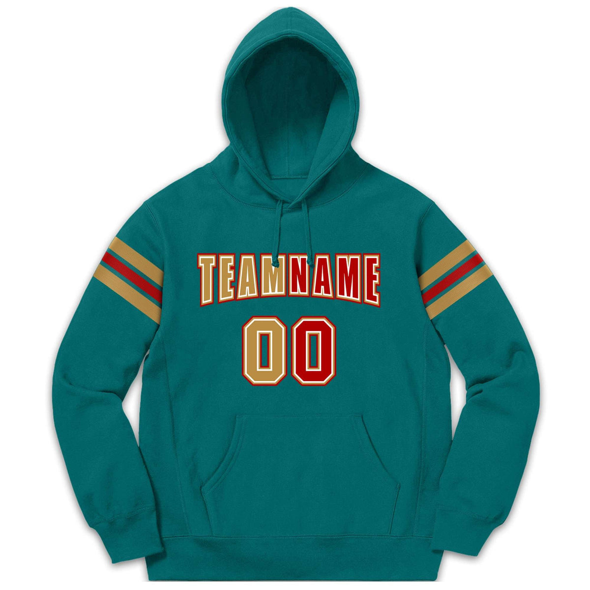 Custom Stitched Aqua Old Gold-Red Cotton Pullover Sweatshirt Hoodie