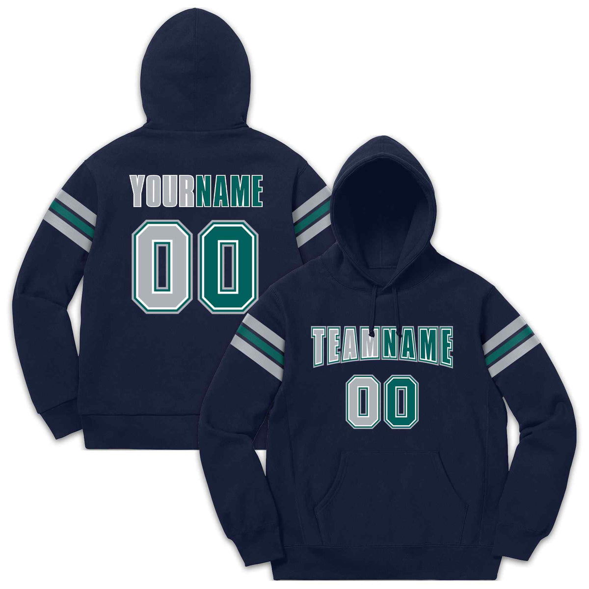 Custom Stitched Navy Gray-Aqua Cotton Pullover Sweatshirt Hoodie