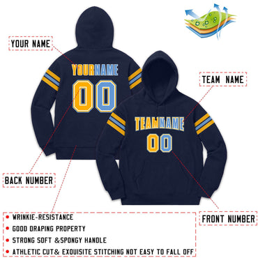 Custom Stitched Navy Yellow-Light Blue Cotton Pullover Sweatshirt Hoodie