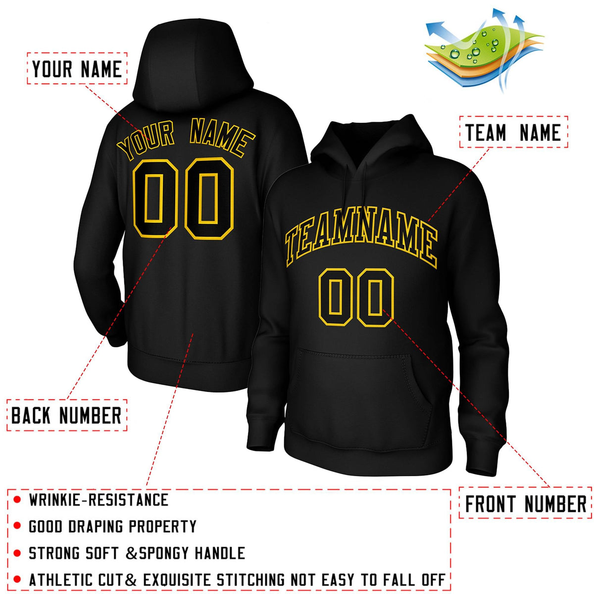 Custom Black Yellow Classic Style Training Uniform Pullover Hoodie