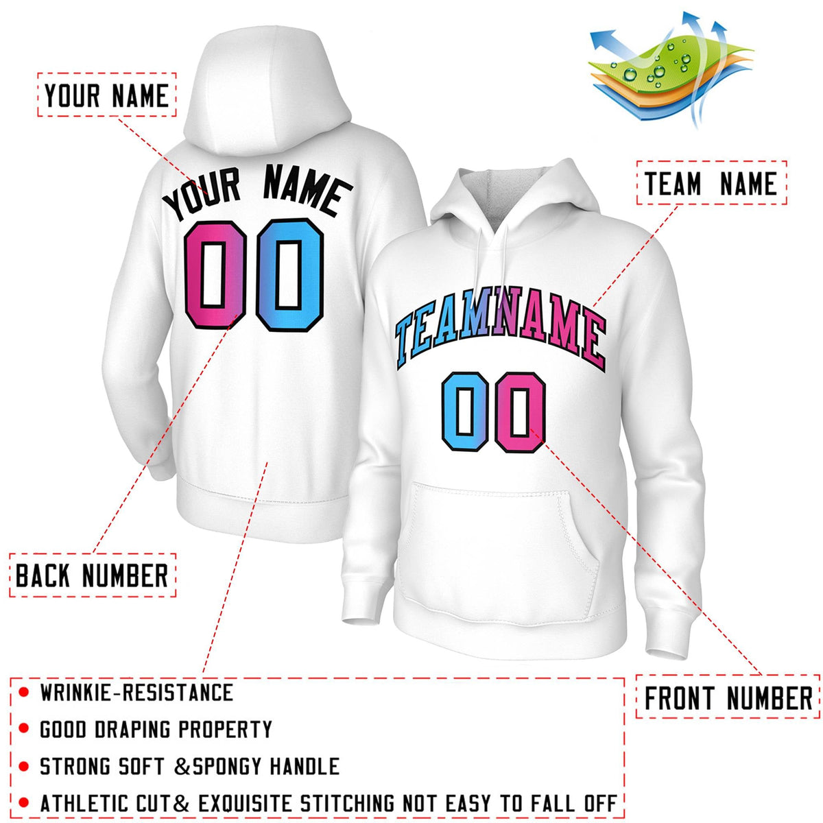 Custom Stitched White Pink-Black Gradient Fashion Pullover Sweatshirt Hoodie