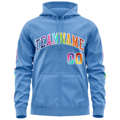 Custom Stitched Light Blue White Sports Full-Zip Sweatshirt Hoodie with Colored Flames