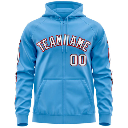 Custom Stitched Light Blue White Sports Full-Zip Sweatshirt Hoodie with Flame