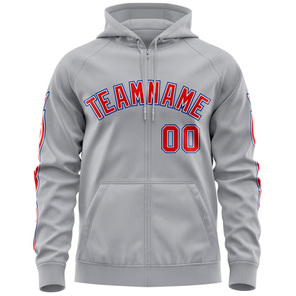 Custom Stitched Gray Red Sports Full-Zip Sweatshirt Hoodie with Flame