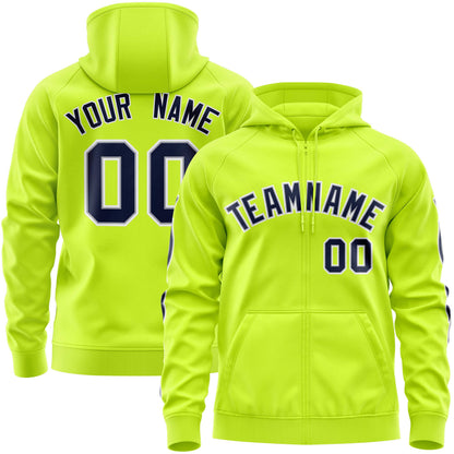 Custom Stitched Neon Green Navy Sports Full-Zip Sweatshirt Hoodie with Flame