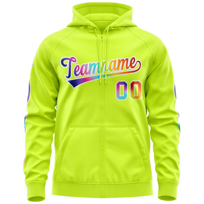 Custom Stitched Neon Green White Sports Full-Zip Sweatshirt Hoodie with Colored Flames