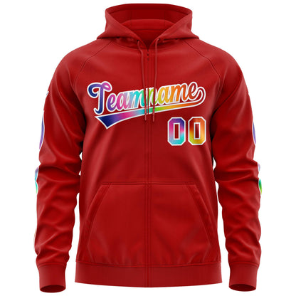 Custom Stitched Red White Sports Full-Zip Sweatshirt Hoodie with Colored Flames