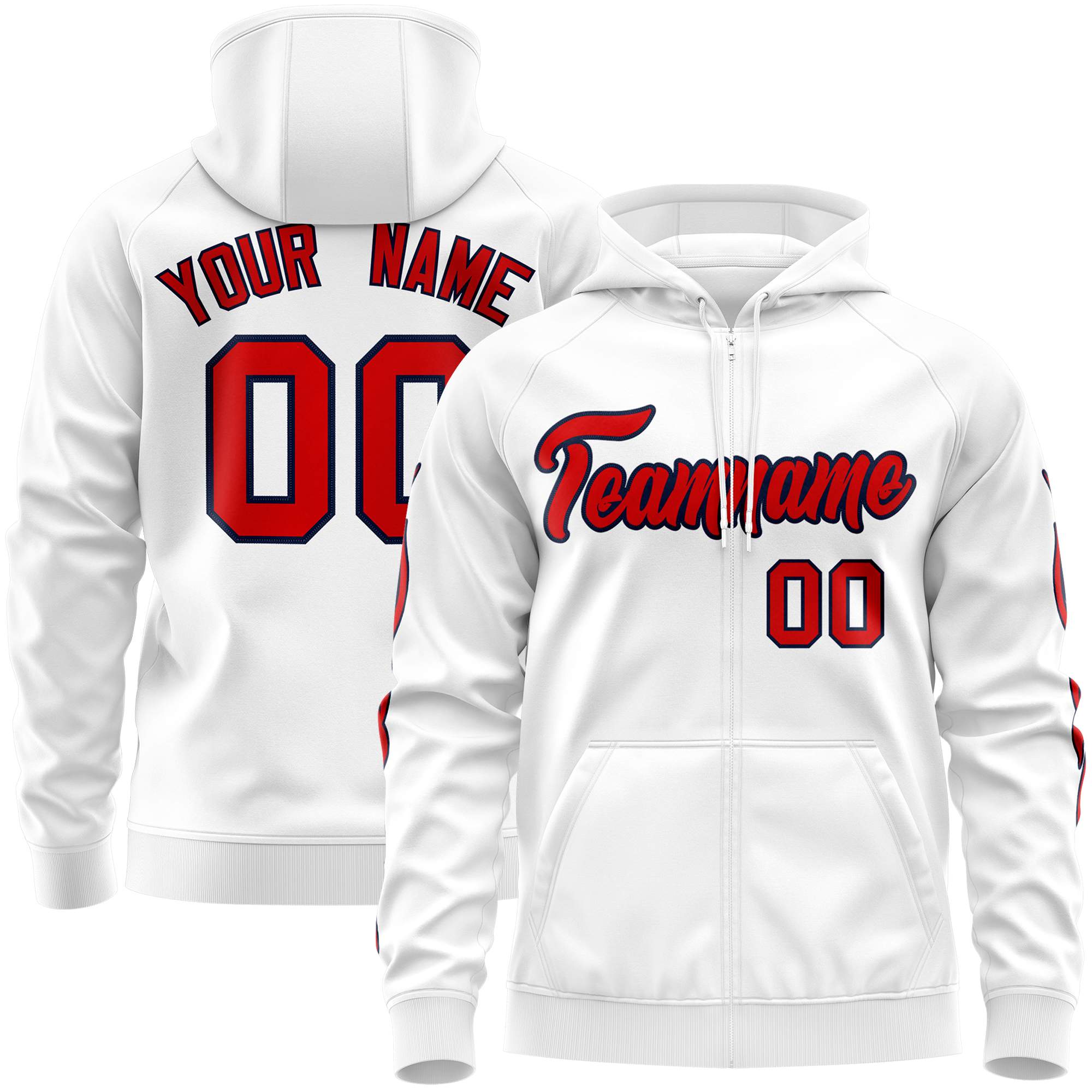 Custom Stitched White Red Sports Full-Zip Sweatshirt Hoodie with Flame