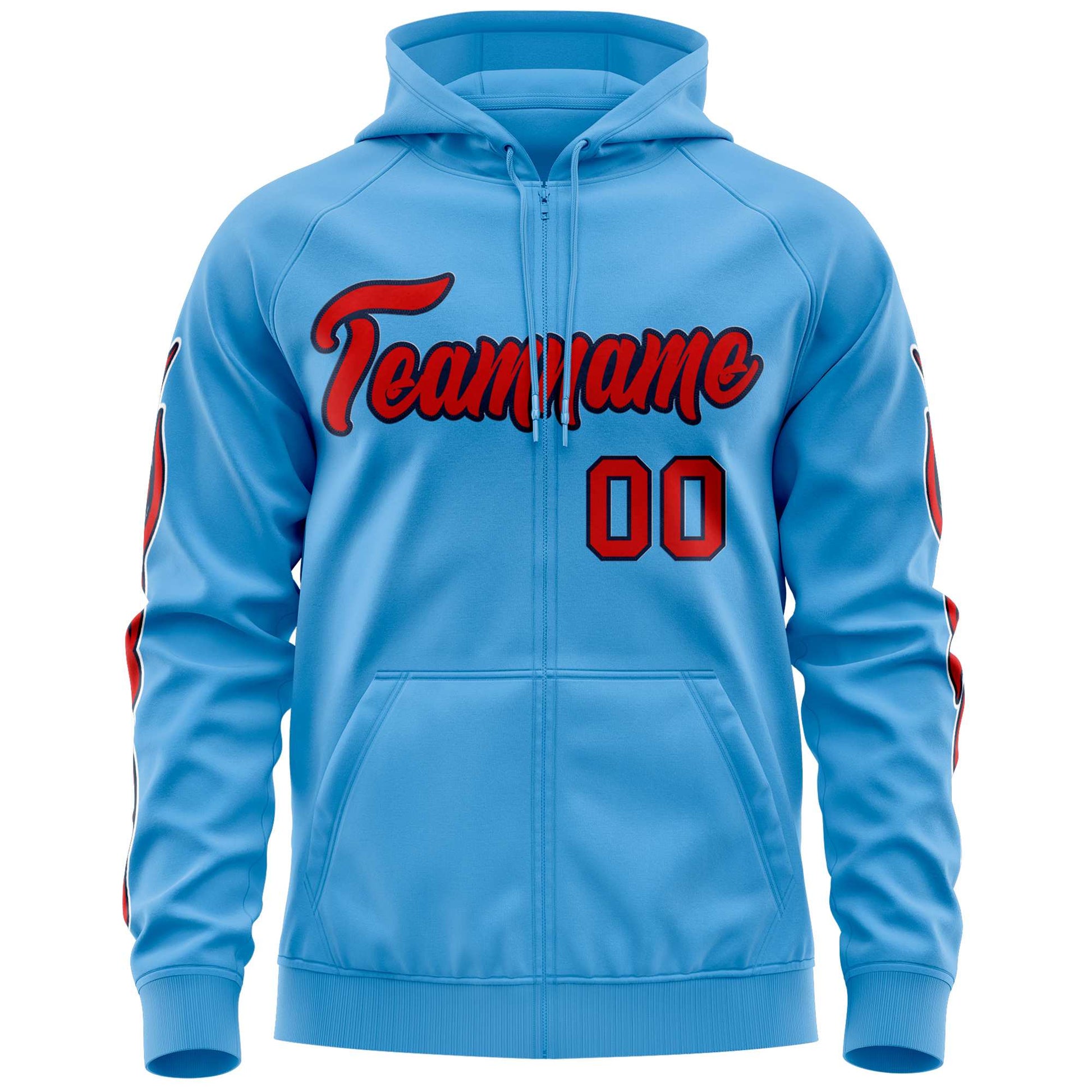 Custom Stitched Light Blue Red Sports Full-Zip Sweatshirt Hoodie with Flame