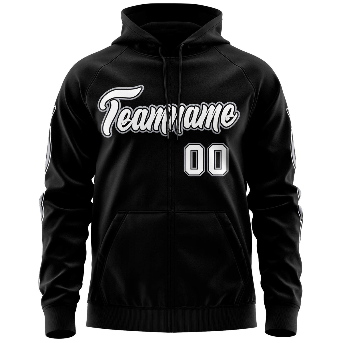 Custom Stitched Black White Sports Full-Zip Sweatshirt Hoodie with Flame