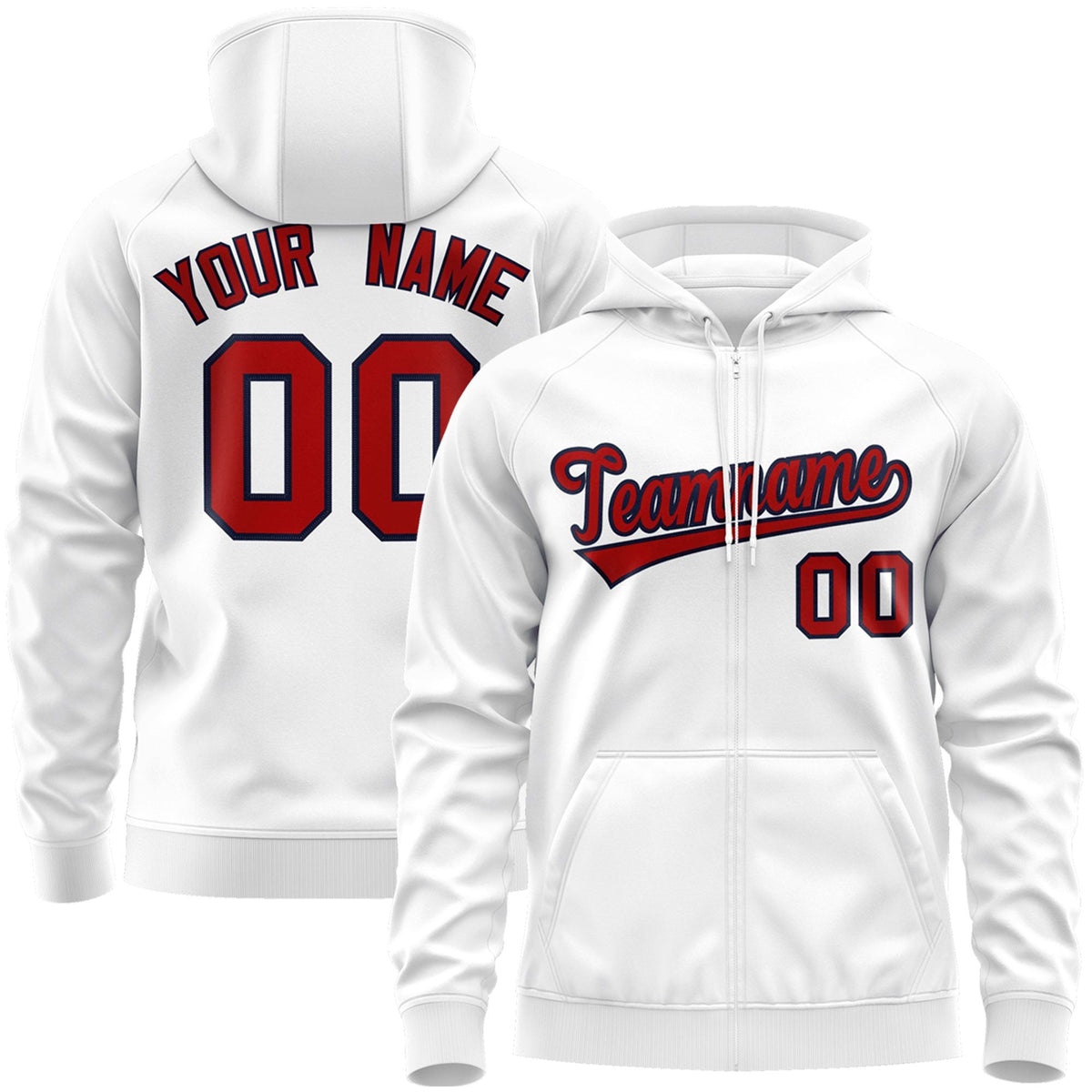 Custom Stitched White Red-Navy Sports Full-Zip Sweatshirt Hoodie