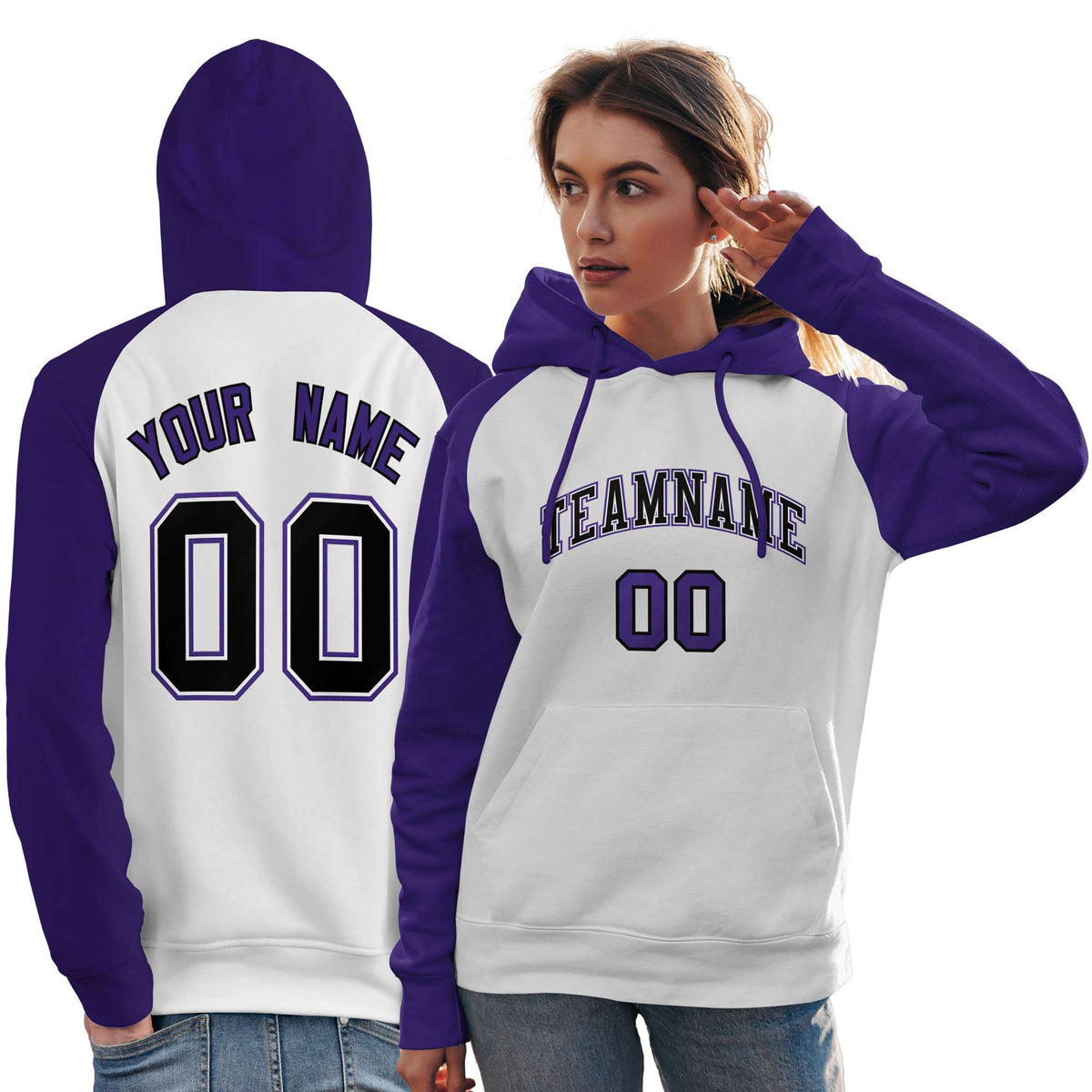 Custom Stitched White Purple-Black Raglan Sleeves Sports Pullover Sweatshirt Hoodie For Women