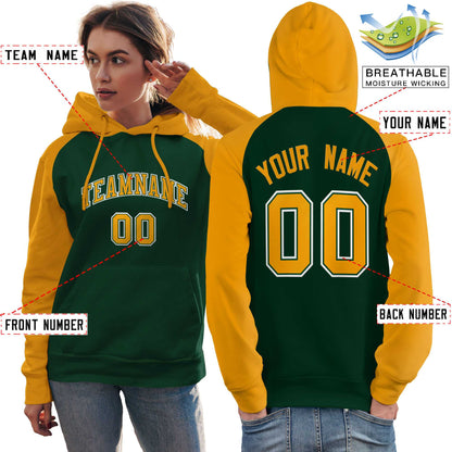 Custom Stitched Green Gold Raglan Sleeves Sports Pullover Sweatshirt Hoodie For Women