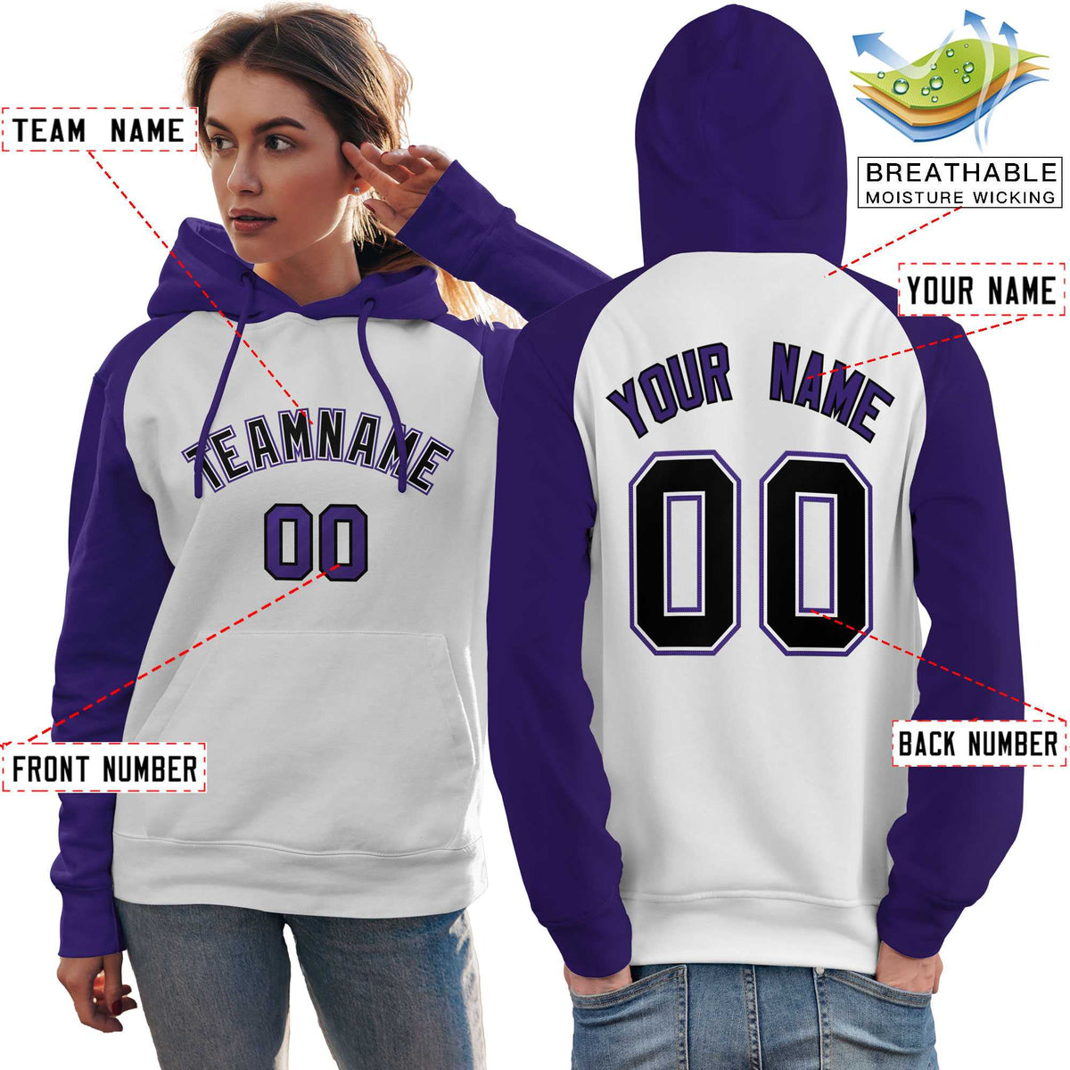 Custom Stitched White Purple-Black Raglan Sleeves Sports Pullover Sweatshirt Hoodie For Women