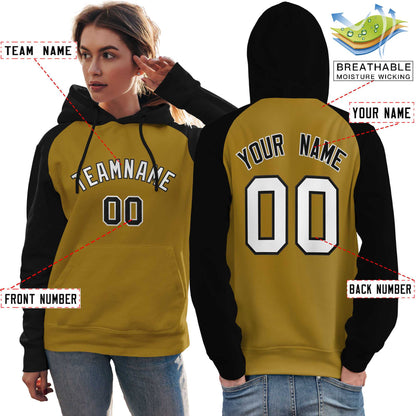 Custom Stitched Old Gold Black-White Raglan Sleeves Sports Pullover Sweatshirt Hoodie For Women