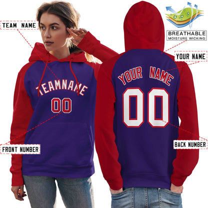 Custom Stitched Purple Red-White Raglan Sleeves Sports Pullover Sweatshirt Hoodie For Women