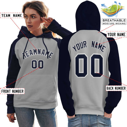 Custom Stitched Gray Navy Raglan Sleeves Sports Pullover Sweatshirt Hoodie For Women