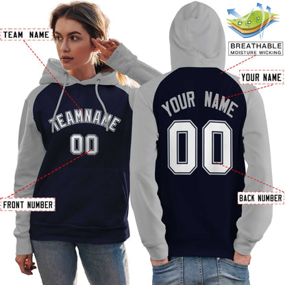 Custom Stitched Navy Gray-White Raglan Sleeves Sports Pullover Sweatshirt Hoodie For Women
