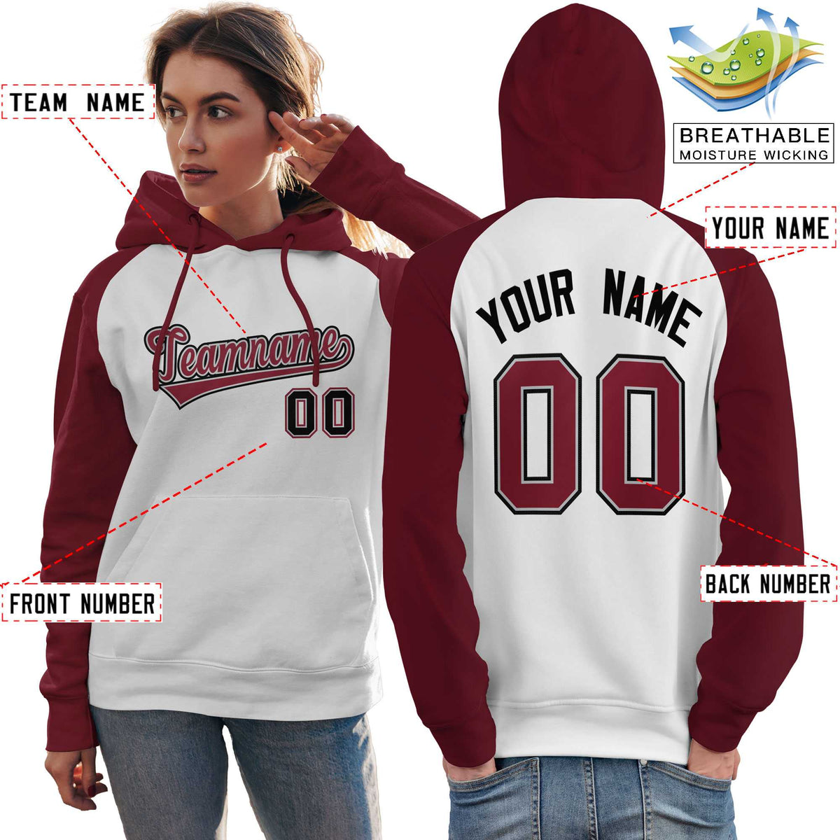 Custom Stitched White Crimson Raglan Sleeves Sports Pullover Sweatshirt Hoodie For Women