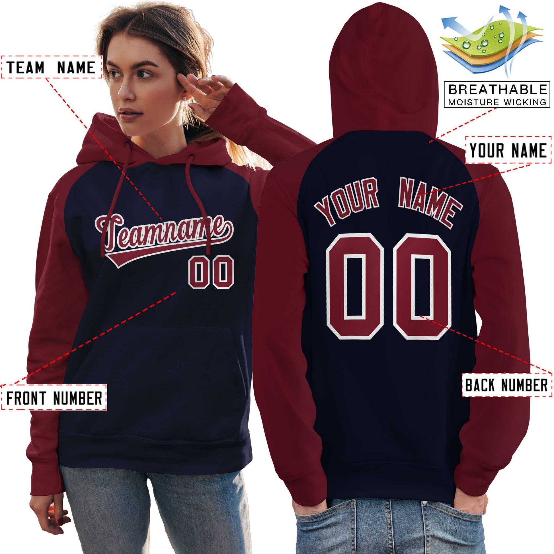 Custom Stitched Navy Crimson Raglan Sleeves Sports Pullover Sweatshirt Hoodie For Women