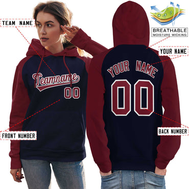 Custom Stitched Navy Crimson Raglan Sleeves Sports Pullover Sweatshirt Hoodie For Women