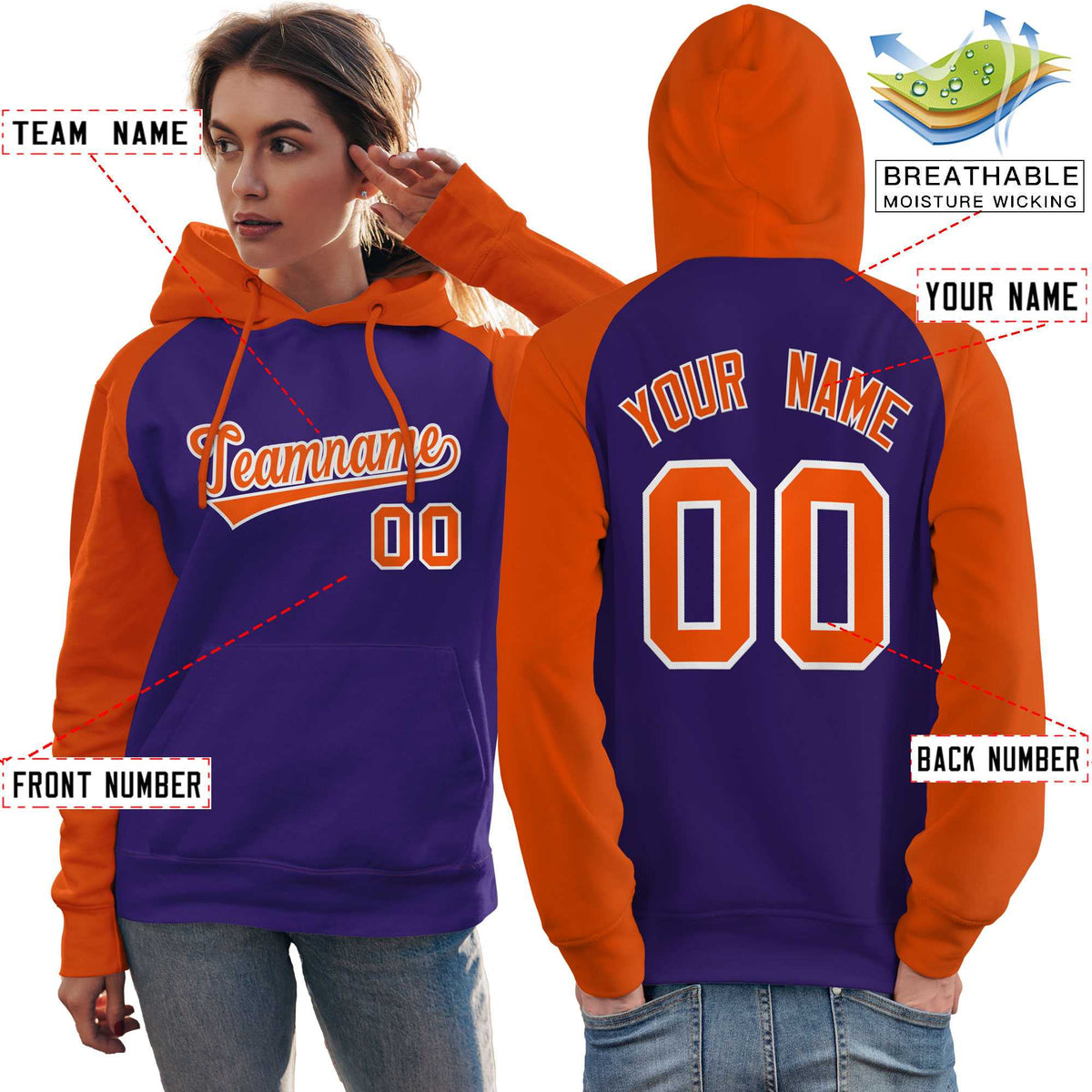Custom Stitched Purple Orange Raglan Sleeves Sports Pullover Sweatshirt Hoodie For Women