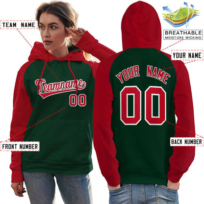 Custom Stitched Green Red Raglan Sleeves Sports Pullover Sweatshirt Hoodie For Women