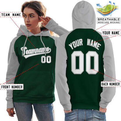Custom Stitched Green Gray-White Raglan Sleeves Sports Pullover Sweatshirt Hoodie For Women