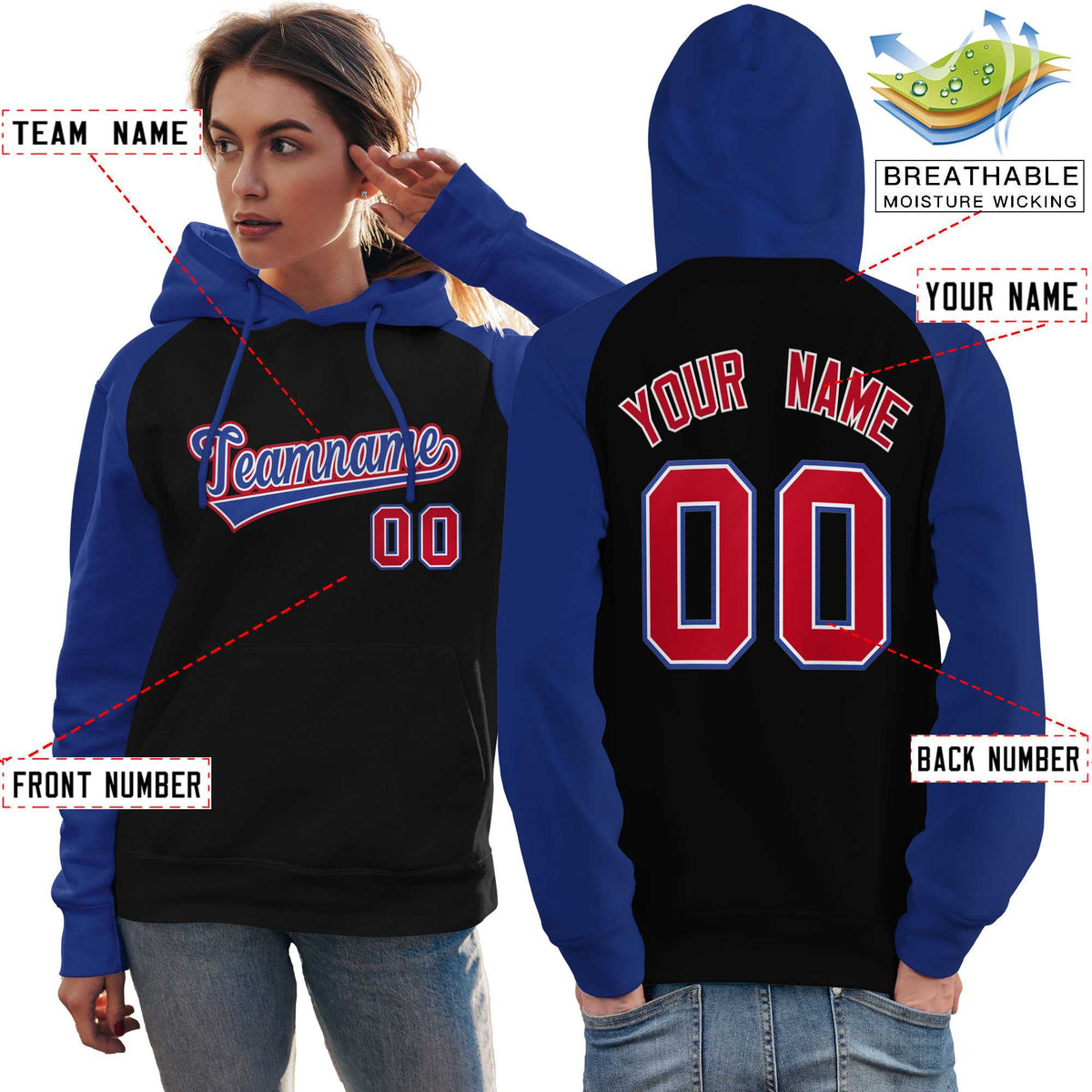 Custom Stitched Black Royal Raglan Sleeves Sports Pullover Sweatshirt Hoodie For Women