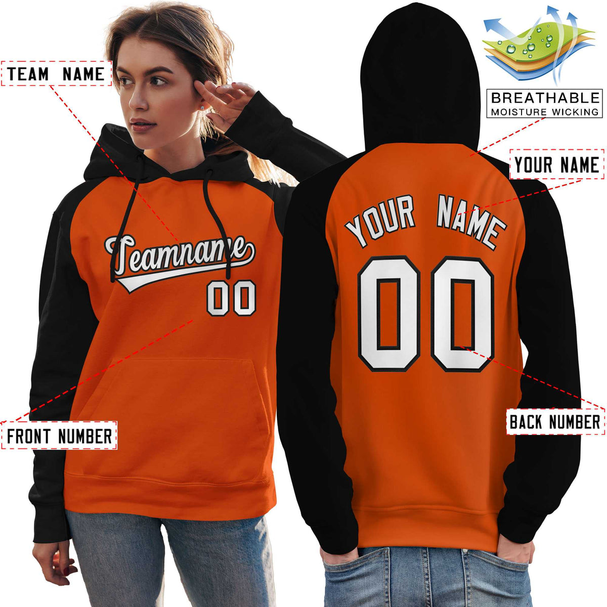 Custom Stitched Orange Black-White Raglan Sleeves Sports Pullover Sweatshirt Hoodie For Women