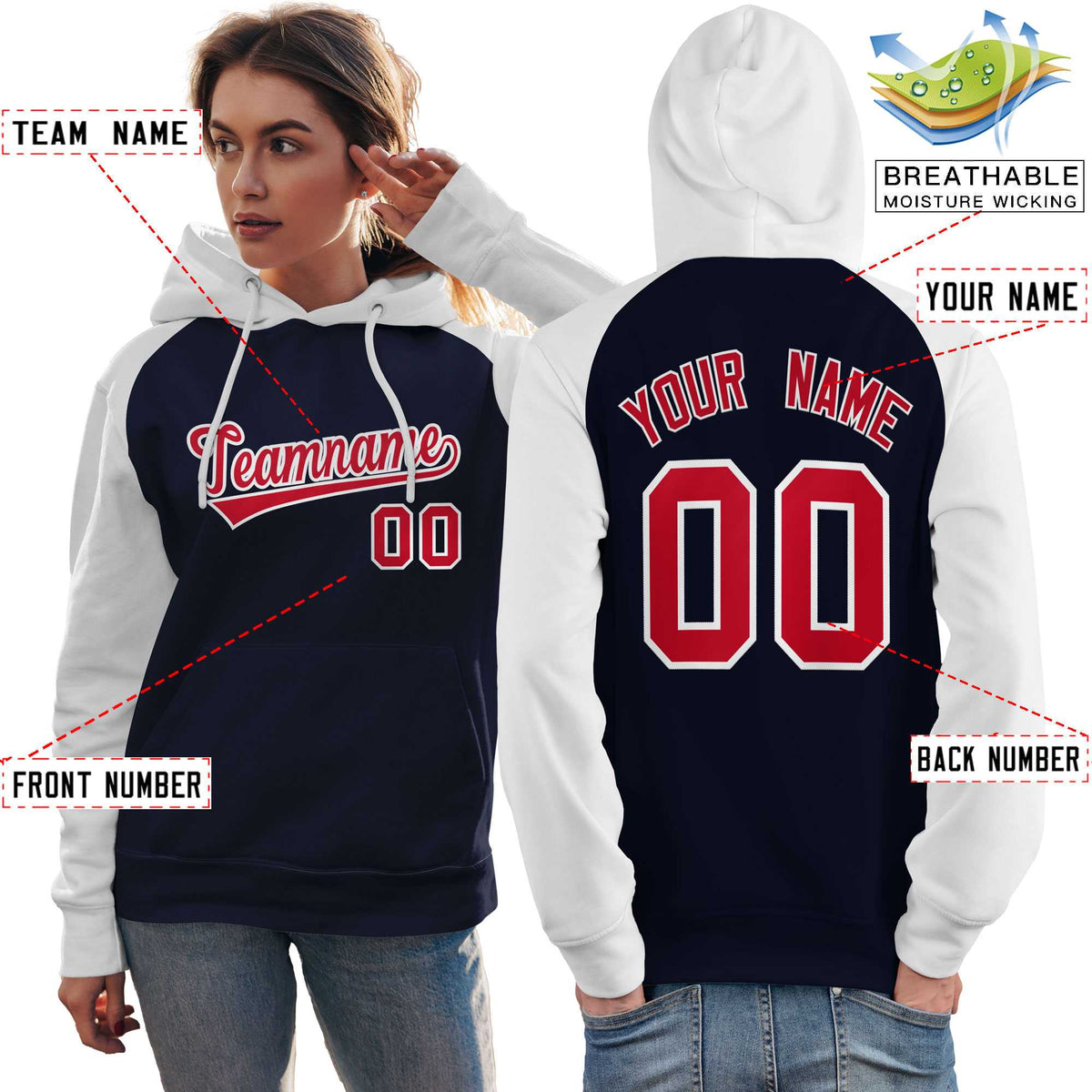 Custom Stitched Navy White-Red Raglan Sleeves Sports Pullover Sweatshirt Hoodie For Women