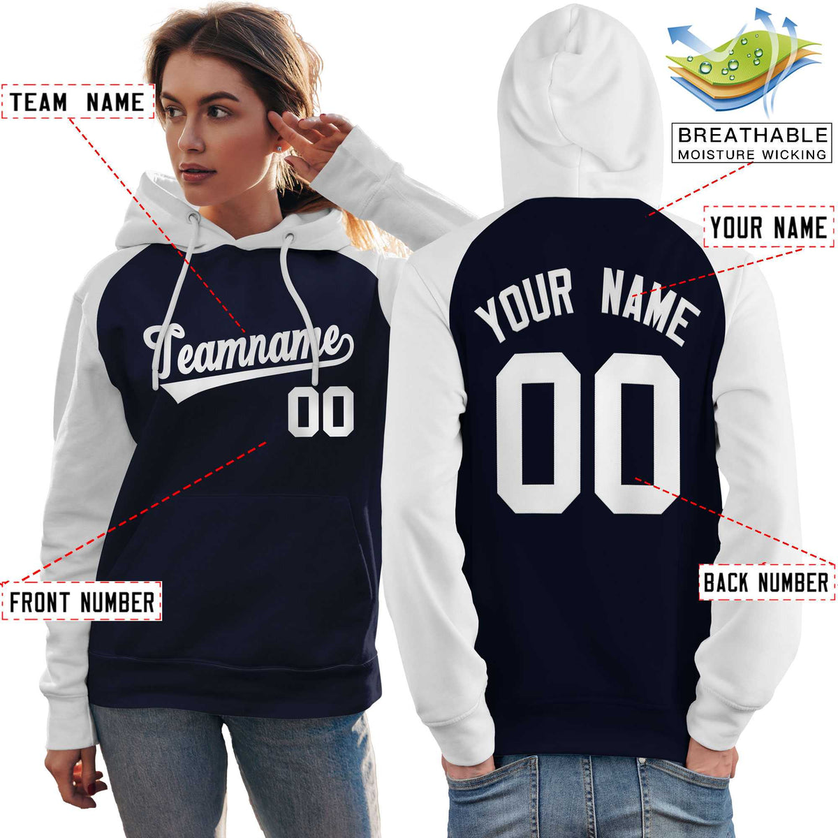 Custom Stitched Navy White Raglan Sleeves Sports Pullover Sweatshirt Hoodie For Women